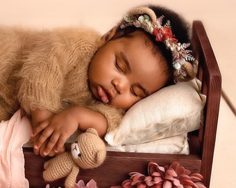 Bear's ear newborn infant ears set crochet toy pastel greenery Cream flower crown floral headband easter  prop RTS