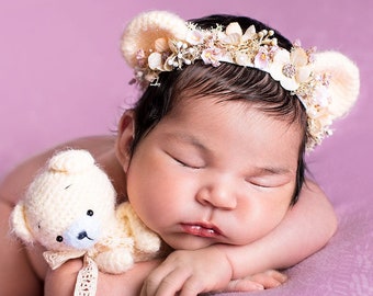 Bear's ear Halo set ear newborn infant ears pearls  crochet toy pastel greenery flower crown floral headband easter  prop RTS