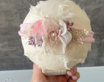 Baby flower headband, toddler headband, baby floral headbands, white Ivory Cream flower tieback, RTS