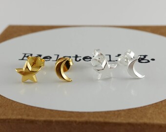 18K Yellow Gold 925 Sterling Silver Moon, Star Earrings, Moon, Star Studs, Moon, Star Jewelry, Moon, Star Stud Earrings, Gold Moon, Star