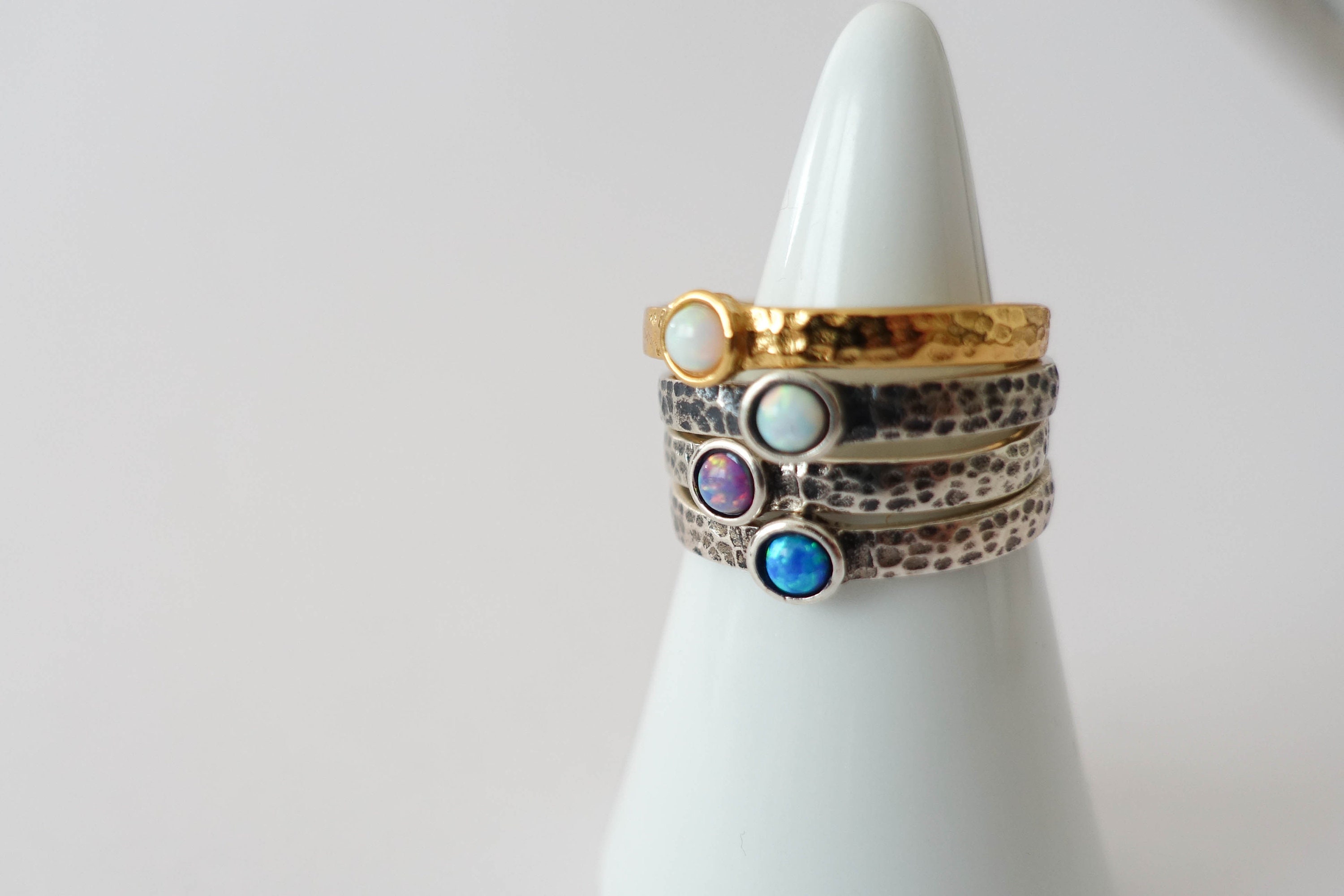 925 Sterling Silver Gold Opal Hammered Stacking Ring Opal - Etsy