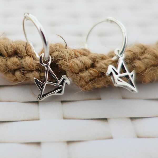 925 Sterling Silver Origami Hoop Charm Earrings, Delicate Crane Hoop Earrings, Paper Crane Charm Huggie Earrings, Paper Crane Hoop Earrings