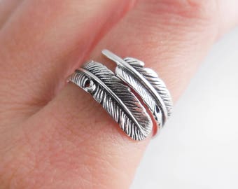 925 Sterling Silver Feather Adjustable Ring, Adjustable Ring, Feather Ring, Boho Ring, Bohemian Rings, Gift for Her, Boho Feather Ring