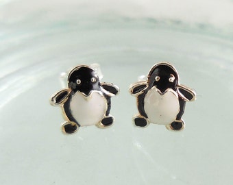 925 Sterling Silver Penguin Studs, Penguin Earrings, Penguin Stud Earrings, Penguin Studs, Penguin Jewelry, Bird Earrings, Folk Earrings