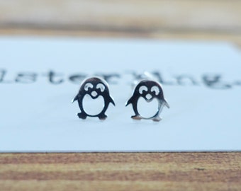 925 Sterling Silver Penguin Studs, Penguin Earrings, Penguin Stud Earrings, Penguin Studs, Penguin Jewelry, Bird Earrings, Folk Earrings