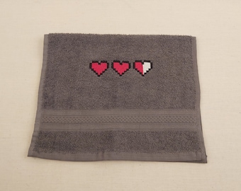 Zelda Embroidered Pixel Hearts Towel, Gamer Decor