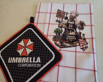 Resident Evil Umbrella Corp Kitchen Towel & Potholder Set – Zombie Chef Gamer Gift
