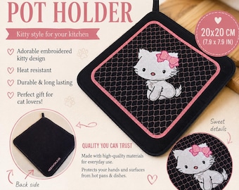 Embroidered Cat Pot Holder | 20x20 cm Quilted Hot Pad | Heat Resistant Kitchen Decor | Cat Lover Gift | Handmade