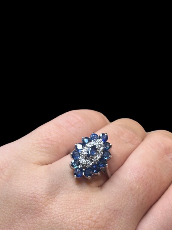 10k White Gold Sapphire and Diamond Marquise Clus… - image 1