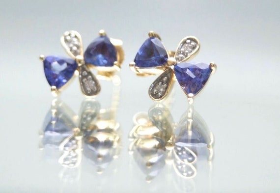 14k Yellow Gold Genuine Tanzanite Earrings With D… - image 1