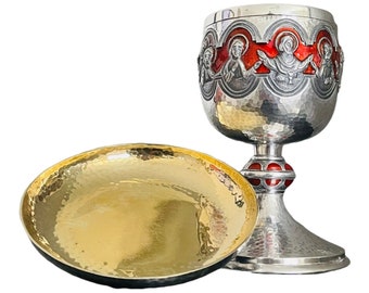 Spanish Sterling Silver Gilt Chalice with "Last Supper" Depiction & Plated Paten