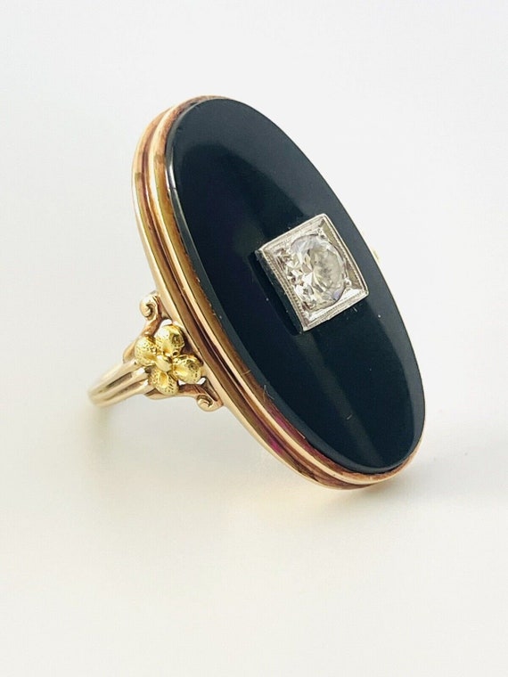 Vintage Solid Yellow Gold Large Oval Onyx & .76ct 