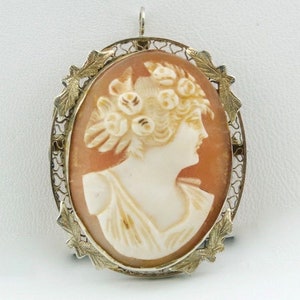 Beautiful 14K Yellow and White Gold Victorian Shell Cameo Pendant Brooch image 1