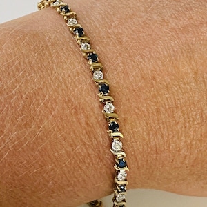 10K Yellow Gold Blue Sapphire And Diamond Accent Tennis Bracelet