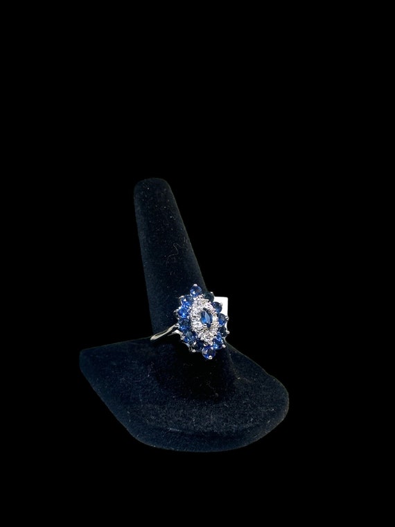 10k White Gold Sapphire and Diamond Marquise Clus… - image 2