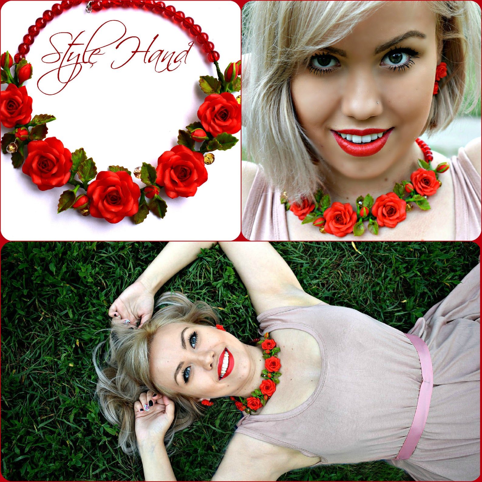 Red Rose Set Red Rose Necklace Bridal Jewelry Pendant Red Etsy