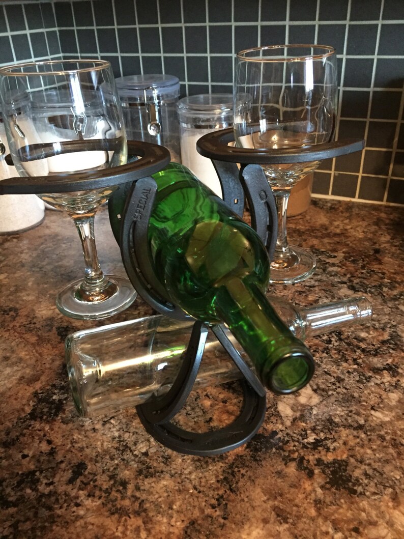 Horseshoe Wine bottle & Wine glass holder horseshoe art Etsy