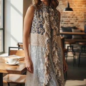 May include: Sleeveless dress with a floral print bodice and a cream-colored lace ruffle. The dress features a cream-colored crochet belt and a white lace skirt. The model is standing in a cafe setting.