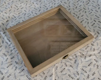 8 x 10 x 3/4 Wooden Shadow Box / Hinged Glass Lid / Display Case Box / Photo Shadow Box / Picture Display