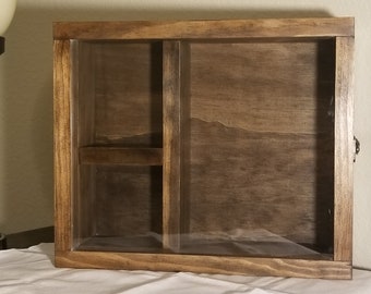 12 1/2 x 10 1/2 x 3 1/4 Wooden Shadow Box / Display Case Box / Hinged Glass Lid / 3 Compartments