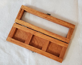 7 1/2 x 2 x 3/4 Wooden Shadow Box / Hinged Glass Lid / 3 Compartments / Display Case Box / 3 Shelf Shadow Box / Wooden Display