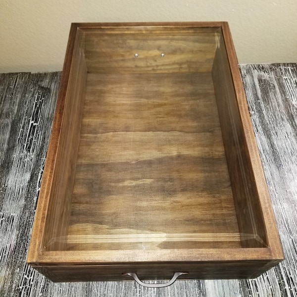 23 x 15 x 5 1/4 Wooden Shadow Box / Beveled Glass Hinged Lid / Handles / Wedding Display Box / Table Top