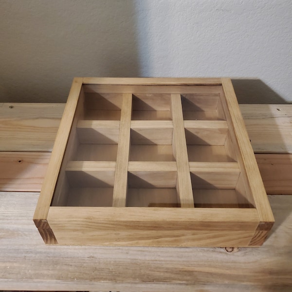 10 1/2 x 10 1/2 x 2 1/2 Wooden Shadow Box / Hinged Glass Lid / 9 Compartments / Display Case Box