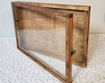 18 x 12 x 1 1/2 Wooden Shadow Box / Hinged Glass Lid / Display Case Box