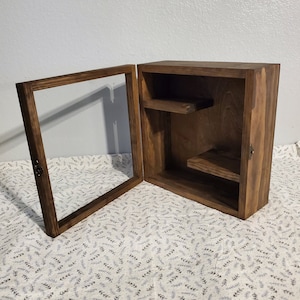 12 x 12 x 5 Wooden Shadow Box / Hinged Glass Lid / 2 Shelves / Display Case / Shelf Shadow Box