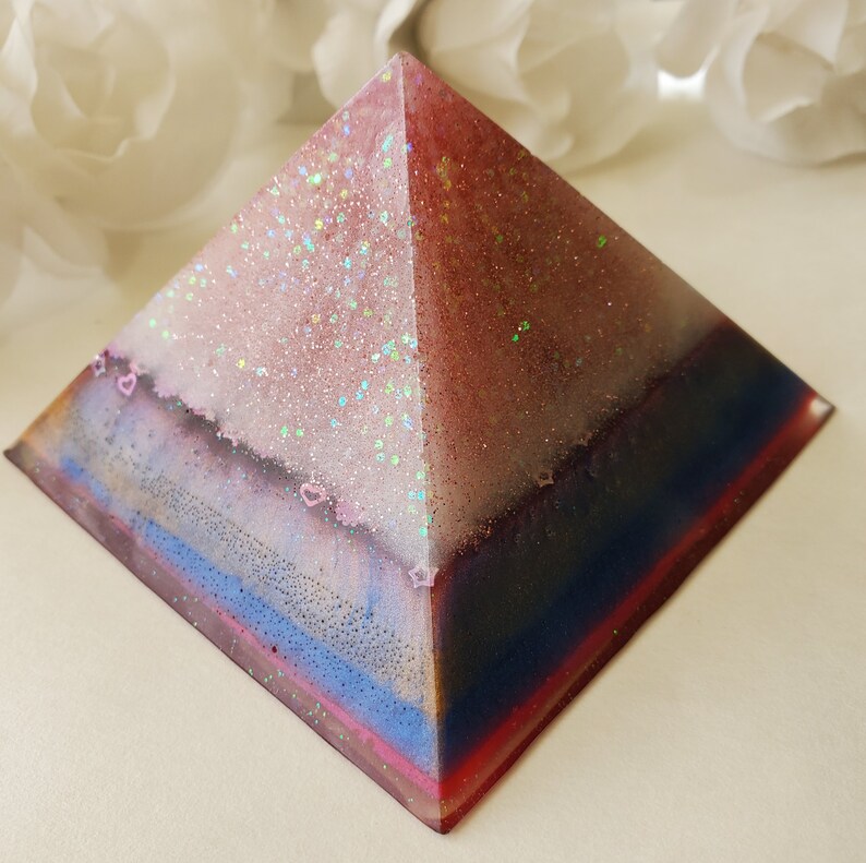 3 Inch Multi Layered and Colors Resin Pyramid with Hearts and Glitter