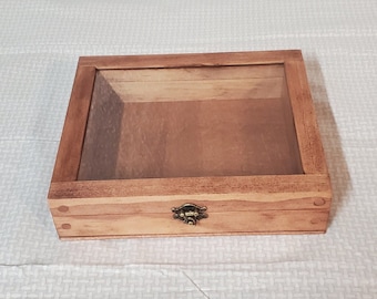7 x 6 x 1 1/2 Wooden Shadow Box / Hinged Glass Lid / Display Case Box / Keepsake Shadow Box / Memory Display Case / Thin Shadow Box