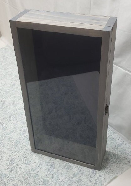 19 X 9 X 3 1/4 Wooden Shadow Box / Hinged Glass Lid / Navy Blue Felt ...