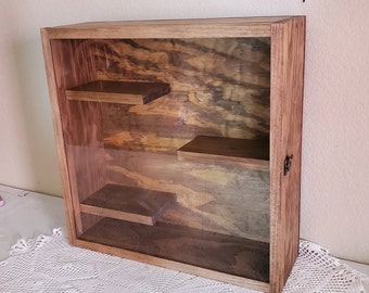 16 1/2 x 16 1/2 x 5 Wooden Shadow Box / Hinged Glass Lid / 3 Staggered Shelves / Display Case Box