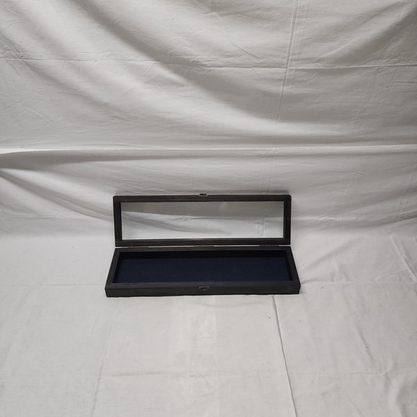 21 x 5 x 2 Wooden Shadow Box / Hinged Glass Lid / Navy Blue Felt / Display Case Box / Keepsakes Or Jewelry Shadow Box