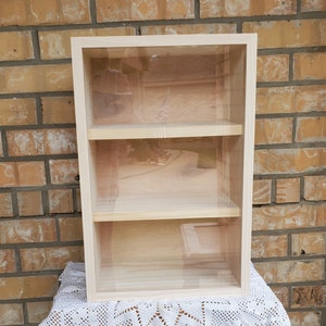 19 x 12 x 9 Wooden Shadow Box / Hinged Glass Lid / 2 Shelves ( 3 Compartments ) / Opens from Left to Right / Display Case Box
