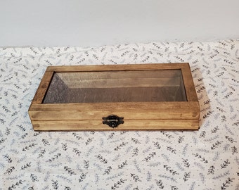 10 x 4 x 1 1/2 Wooden Shadow Box / Hinged Glass Lid / Display Case Box / Memory Display Case / Decorative Home Decor / Keepsake Shadow Box
