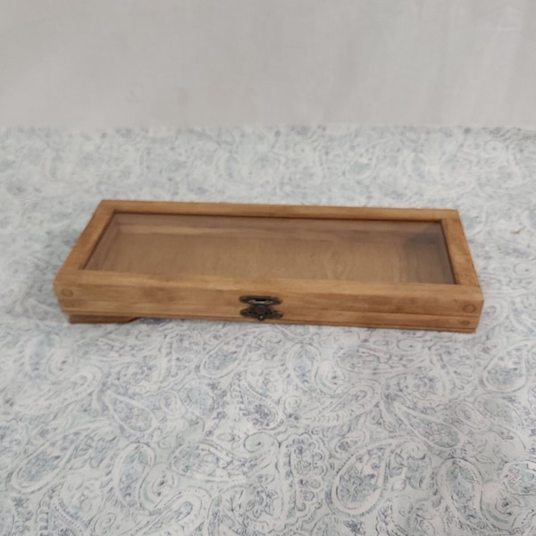 12 x 4 x 3/4 Wooden Shadow Box / Hinged Glass Lid / Kickstand / Display Case Box