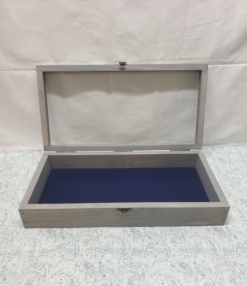 19 X 9 X 3 1/4 Wooden Shadow Box / Hinged Glass Lid / Navy Blue Felt ...