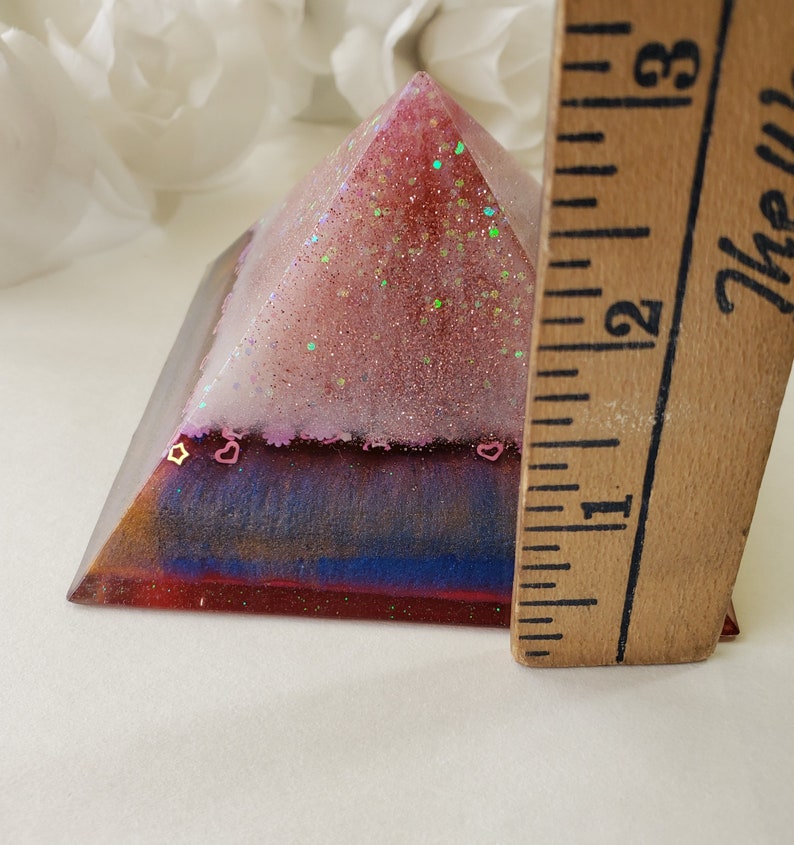 3 Inch Multi Layered and Colors Resin Pyramid with Hearts and Glitter