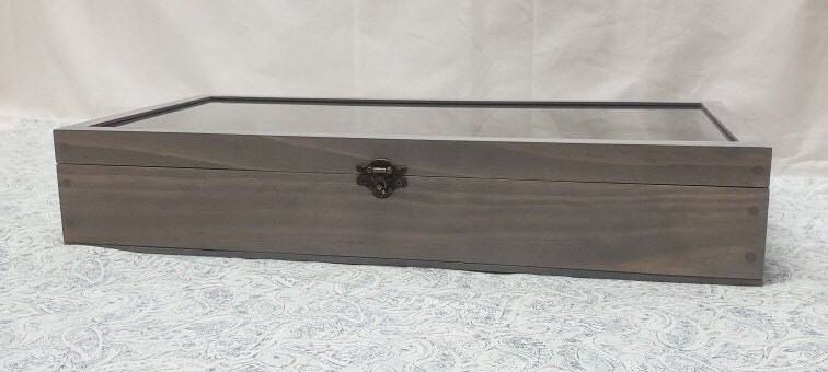 19 X 9 X 3 1/4 Wooden Shadow Box / Hinged Glass Lid / Navy Blue Felt ...