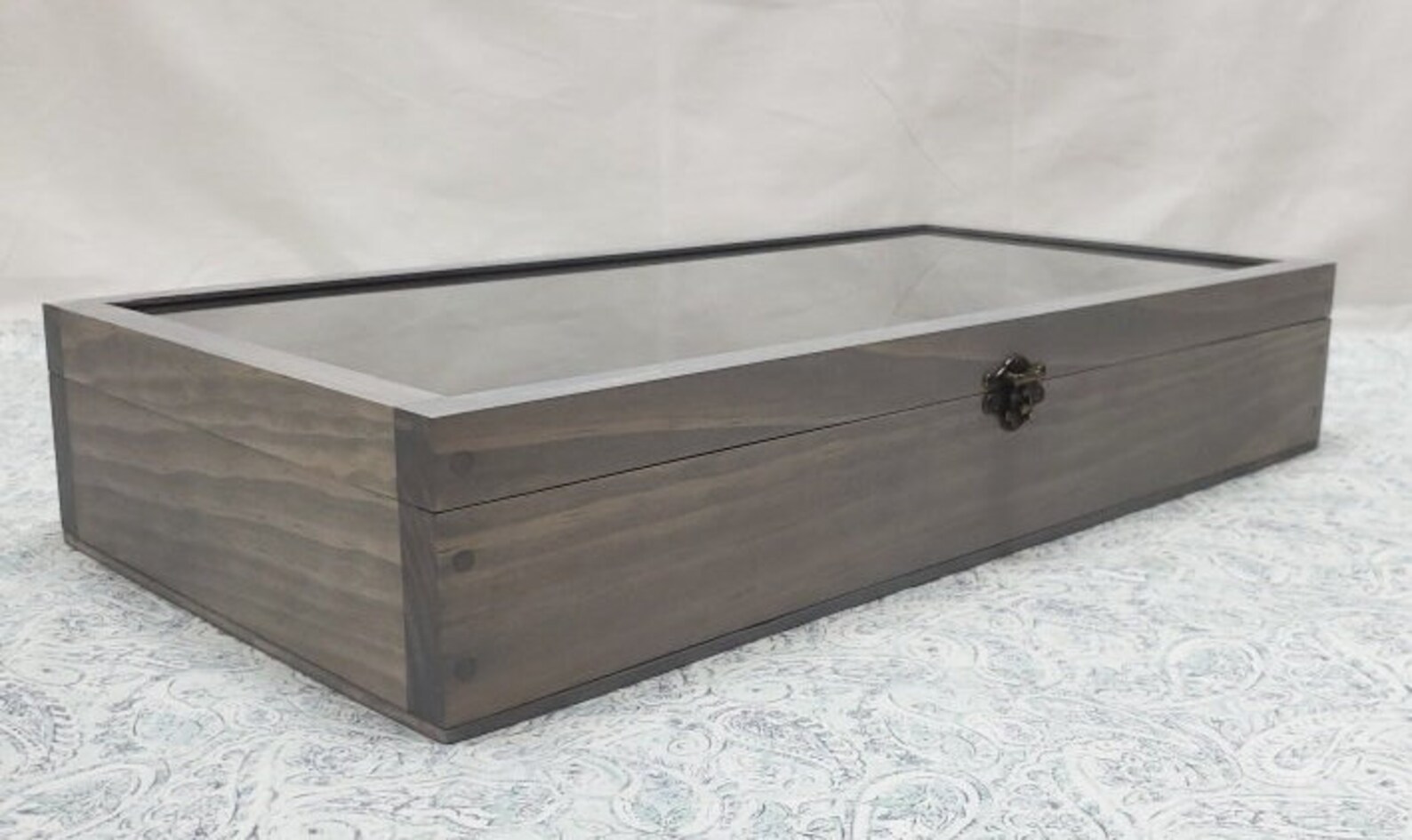 19 X 9 X 3 1/4 Wooden Shadow Box / Hinged Glass Lid / Navy Blue Felt ...