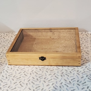 14 x 11 x 2 1/2 Wooden Shadow Box / Hinged Glass Lid / Display Case Box / Trinket Or Memorabilia Display / Thin Display Case