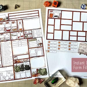 Può includere: Due fogli personaggio PDF stampabili per un gioco di ruolo da tavolo. I fogli sono illustrati con bottiglie di pozioni, barattoli e altri elementi fantasy. Il testo "Instant Download Form Fillable PDF" è visibile.