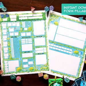 Op de afbeelding: Twee formulierbare PDF-personagebladen voor tabletop-rollenspellen. De bladen hebben een blauw-groene bloemenrand en bevatten gebieden voor karakterdetails, vaardigheden en inventaris. De tekst "INSTANT DOWNLOAD FORM FILLABLE PDF" is zichtbaar.