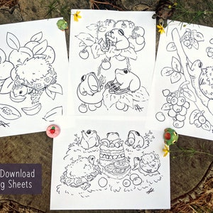 Frogs and Friends Coloring Sheets - For Your Soft Hours- 4 Printable Sheets - Cottagecore Coloring Pages