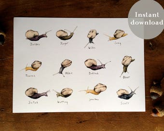 Snail Family - 5x7 Printable Art - Bookmark - Watercolor Print