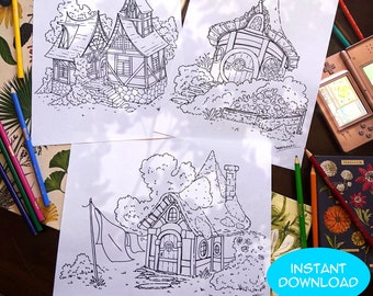 Fantasy Cottages Coloring Sheets - 3 Printable Sheets PDF