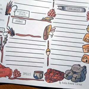May include: A detailed, hand-drawn character sheet with various sections labeled for a role-playing game. Features include "WEAPONS & ATTACKS," "AMMO," "TREASURES," "SPELLS," and "ITEMS." Decorative elements include pinecones, leaves, and a backpack illustration. The artist's name, "By Anna Amelia Corvus," is also visible.
