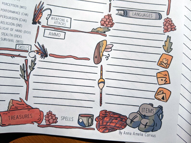 May include: A detailed, hand-drawn character sheet with various sections labeled for a role-playing game. Features include "WEAPONS & ATTACKS," "AMMO," "TREASURES," "SPELLS," and "ITEMS." Decorative elements include pinecones, leaves, and a backpack illustration. The artist's name, "By Anna Amelia Corvus," is also visible.