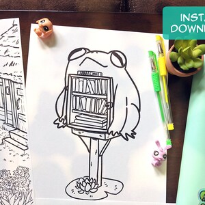May include: Black and white line art drawing of a frog with a small bookshelf on its back. The bookshelf is labeled "Animal Crossings" and has several books on the shelves. The frog is standing on a wooden post with a lily pad at the base.